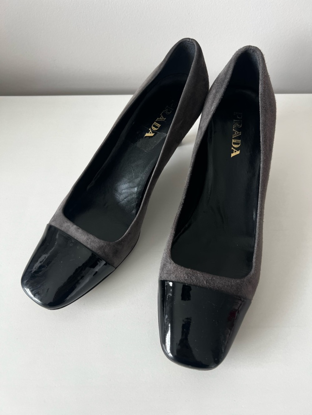 Prada Two-Tone Suede and Patent Leather Pumps in Gray and Black